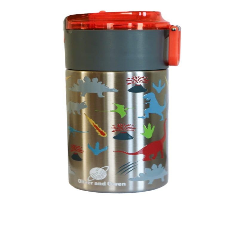 Oliver and Owen Kids insulated water bottle with straw and snack cup. Double wall stainless steel 14oz (orange and gray dinosaur)
