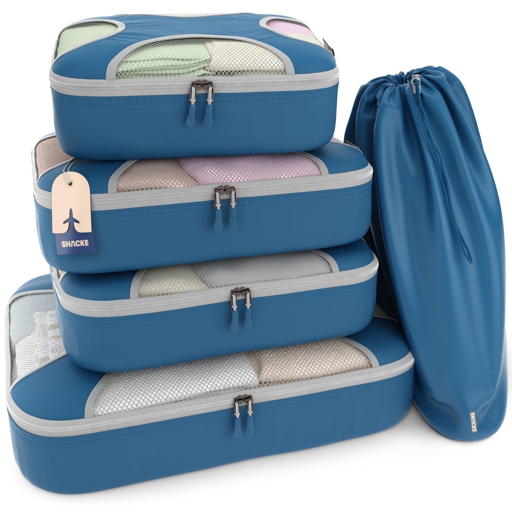 Shacke Premium 5 Packing Cubes Set - Lightweight Mesh Travel Luggage Organizers with Laundry Bag, 5-Piece Suitcase Storage System (Navy)