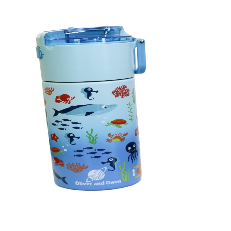 Oliver and Owen Kids insulated water bottle with straw and snack cup. Double wall stainless steel 14oz (skyblue ocean theme)