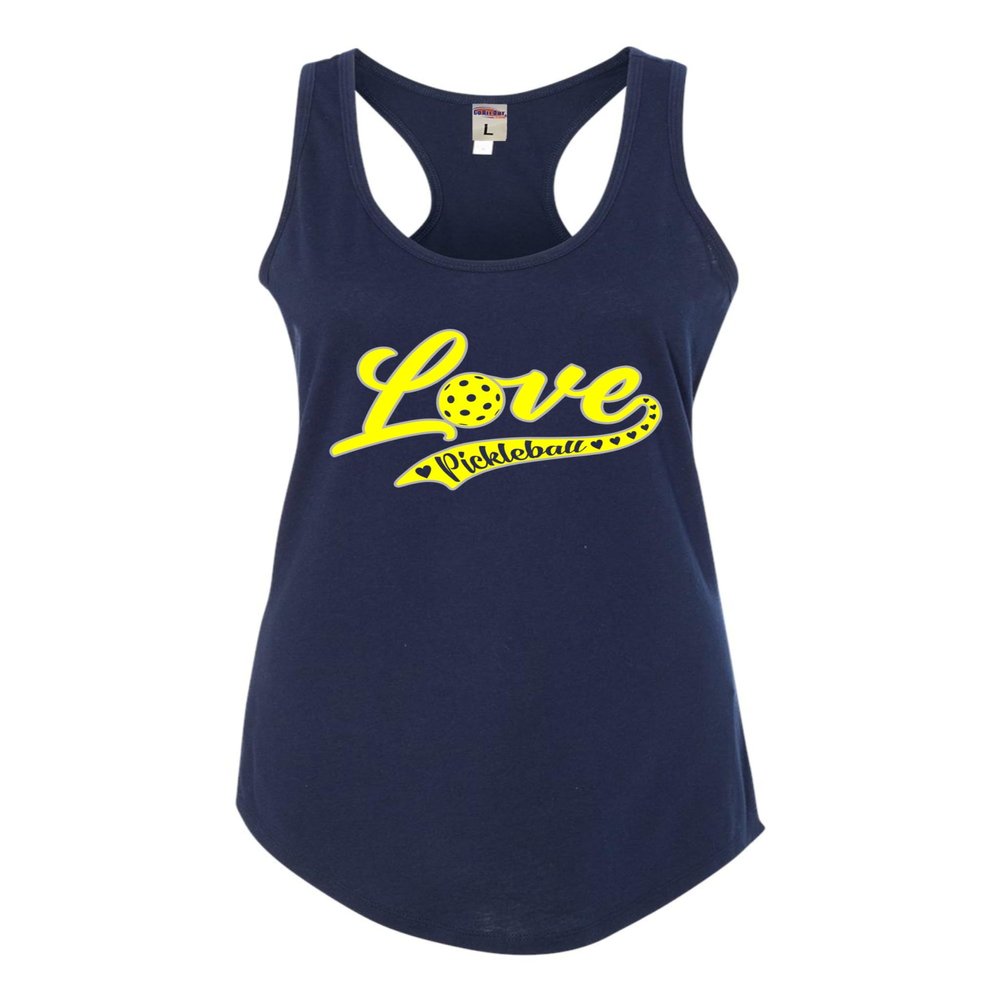 Medium Navy Blue Women Fitted Love Pickleball Cursive Cute Fashion Sleeveless Tank Top T-Shirt