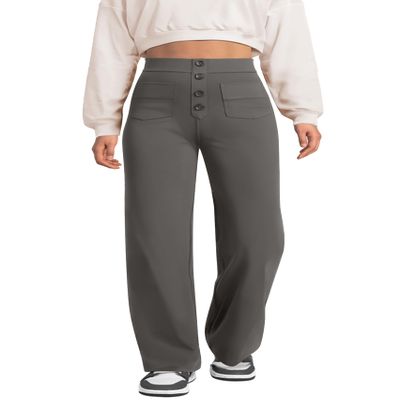 keriffe Women's Straight Leg Pants High Waisted Button Stretchy Business Work Dress Casual Trousers Multiple Pockets Dark Grey