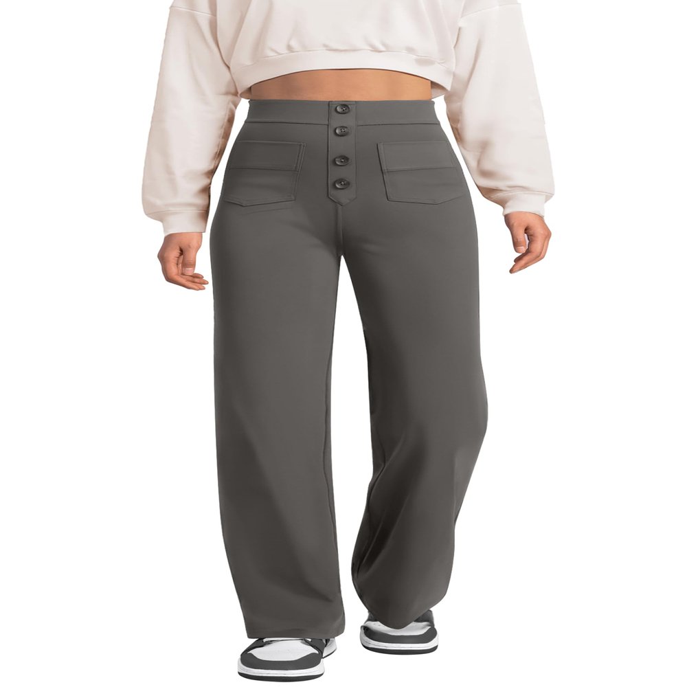 keriffe Women's Straight Leg Pants High Waisted Button Stretchy Business Work Dress Casual Trousers Multiple Pockets Dark Grey