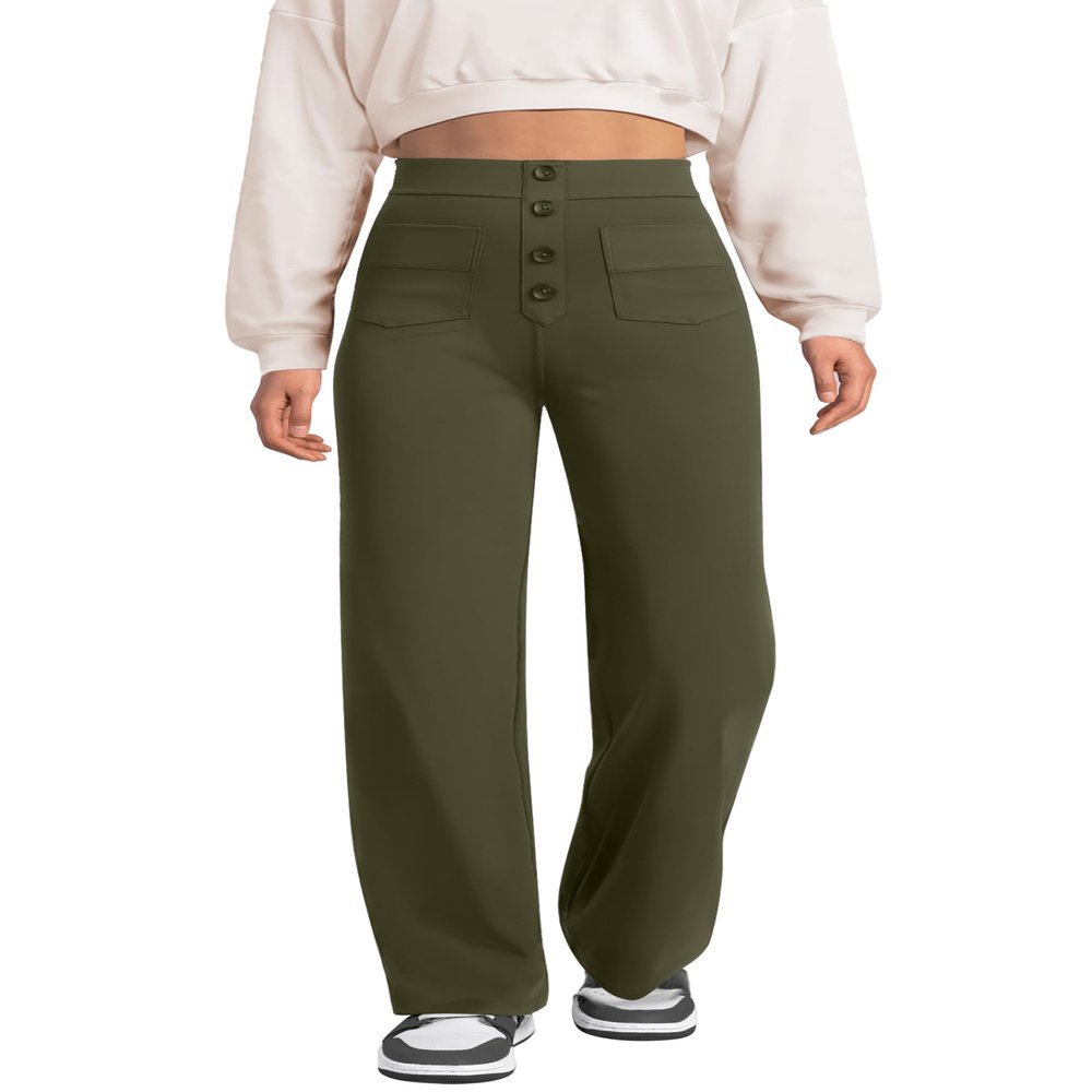 keriffe Women's Straight Leg Pants High Waisted Button Stretchy Business Work Dress Casual Trousers Multiple Pockets Army Green