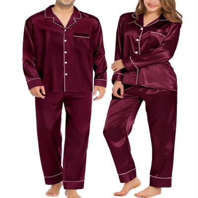 SWOMOG Couples Matching Pajamas Sets Women & Men Silk Satin Long Sleeve Button Down Sleepwear 2 Pcs Classic Loungewear Women Deep Wine Red Large