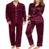 SWOMOG Couples Matching Pajamas Sets Women & Men Silk Satin Long Sleeve Button Down Sleepwear 2 Pcs Classic Loungewear Women Deep Wine Red Large view 1