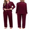 SWOMOG Couples Matching Pajamas Sets Women & Men Silk Satin Long Sleeve Button Down Sleepwear 2 Pcs Classic Loungewear Women Deep Wine Red Large view 2