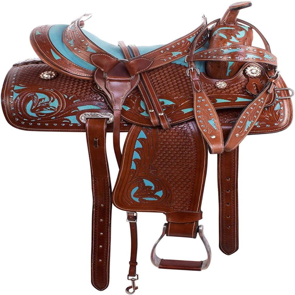 Generic Turquoise Western Kids Youth Adult Barrel Leather Saddle for Horse Riding Equestrian Tack Set Floral Tooled with Silver Conchos WS-0105 (17"" Seat), Pink