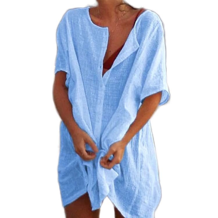 Akivide Women's Summer Cotton Linen Short Sleeve Button Up Shirt Casual Plus Size Beach Swimsuit Cover Up Mini Dress