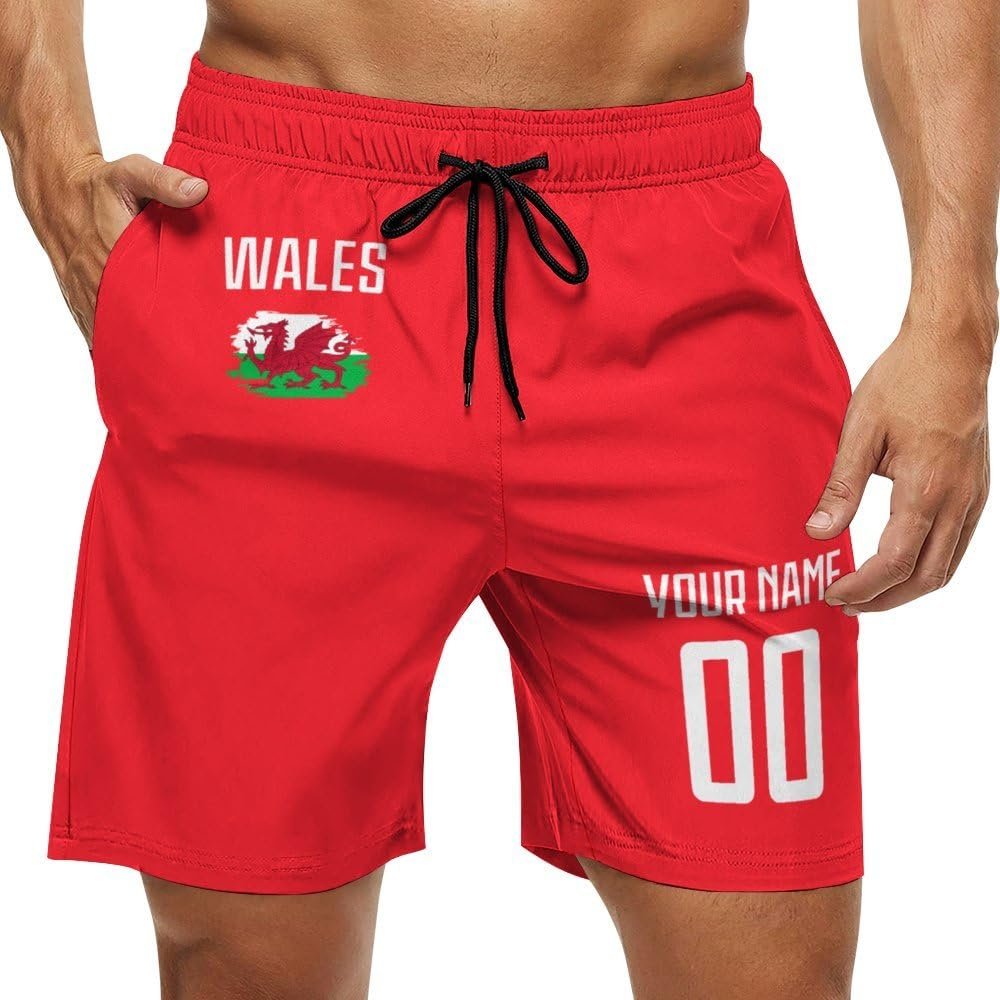 2024 Wales Shorts Custom Soccer Beach Trunks,Wales Fans Gifts Personalized Name & Number,Men Youth,S-3XL