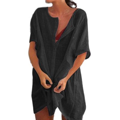 Akivide Women's Summer Cotton Linen Short Sleeve Button Up Shirt Casual Plus Size Beach Swimsuit Cover Up Mini Dress Black