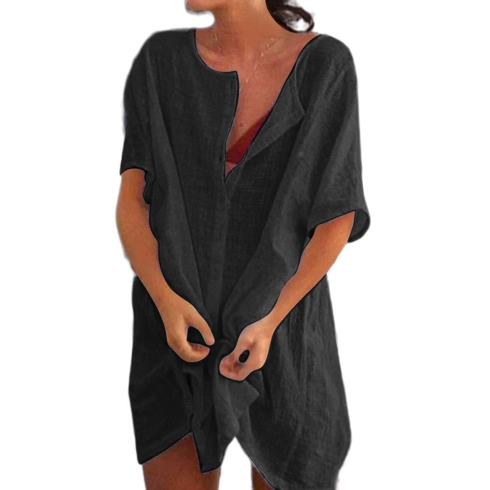 Akivide Women's Summer Cotton Linen Short Sleeve Button Up Shirt Casual Plus Size Beach Swimsuit Cover Up Mini Dress Black
