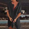 Akivide Women's Summer Cotton Linen Short Sleeve Button Up Shirt Casual Plus Size Beach Swimsuit Cover Up Mini Dress Black view 2
