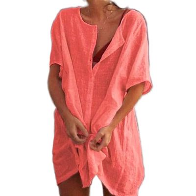 Akivide Women's Summer Cotton Linen Short Sleeve Button Up Shirt Casual Plus Size Beach Swimsuit Cover Up Mini Dress Red
