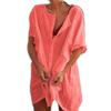 Akivide Women's Summer Cotton Linen Short Sleeve Button Up Shirt Casual Plus Size Beach Swimsuit Cover Up Mini Dress Red view 1