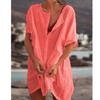 Akivide Women's Summer Cotton Linen Short Sleeve Button Up Shirt Casual Plus Size Beach Swimsuit Cover Up Mini Dress Red view 2