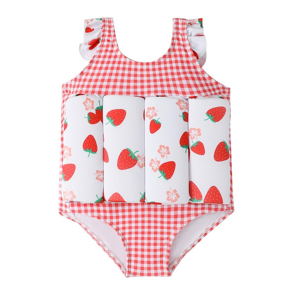 IBTOM CASTLE Toddler Boys Girls Color Block One Piece Plaid Ruffle Swimsuit Swimwear Summer Holiday Beachwear Bathing Suit Swim Suits for Kids Swimming Strawberry 12-18 Months