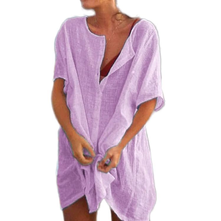 Akivide Women's Summer Cotton Linen Short Sleeve Button Up Shirt Casual Plus Size Beach Swimsuit Cover Up Mini Dress