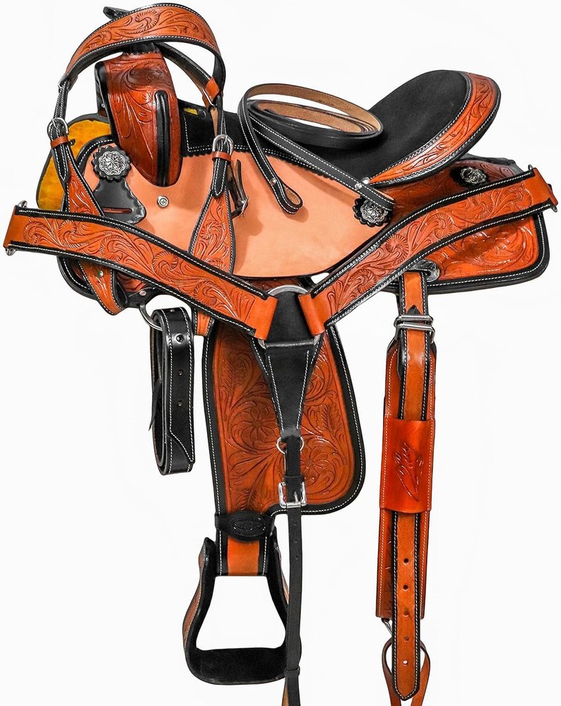 Brown Western Kids Youth Adult Barrel Leather Saddle for Horse Riding Equestrian Tack Set Floral Tooled with Silver Conchos WS-0108 (17" Seat)