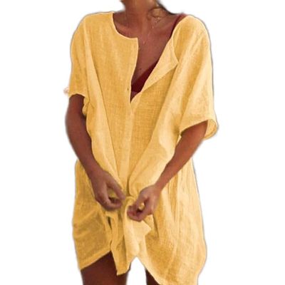 Akivide Women's Summer Cotton Linen Short Sleeve Button Up Shirt Casual Plus Size Beach Swimsuit Cover Up Mini Dress