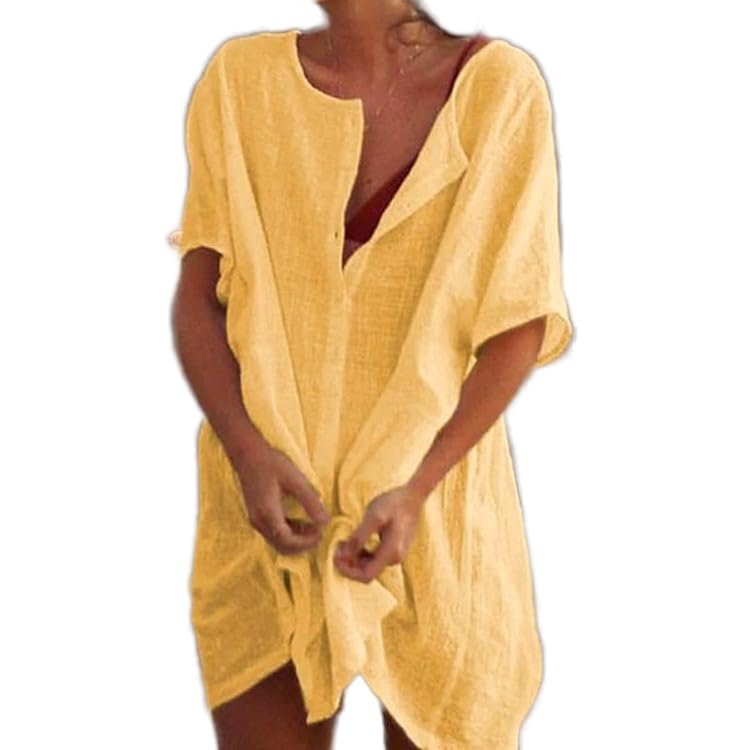 Akivide Women's Summer Cotton Linen Short Sleeve Button Up Shirt Casual Plus Size Beach Swimsuit Cover Up Mini Dress