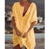 Akivide Women's Summer Cotton Linen Short Sleeve Button Up Shirt Casual Plus Size Beach Swimsuit Cover Up Mini Dress view 2
