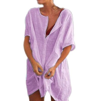 Akivide Women's Summer Cotton Linen Short Sleeve Button Up Shirt Casual Plus Size Beach Swimsuit Cover Up Mini Dress