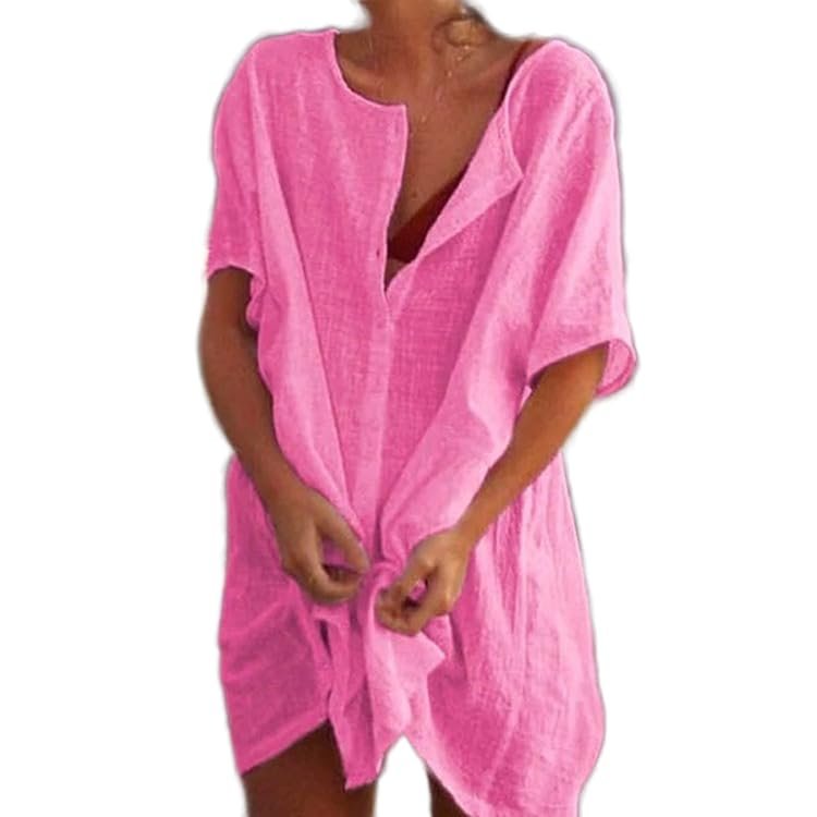 Akivide Women's Summer Cotton Linen Short Sleeve Button Up Shirt Casual Plus Size Beach Swimsuit Cover Up Mini Dress