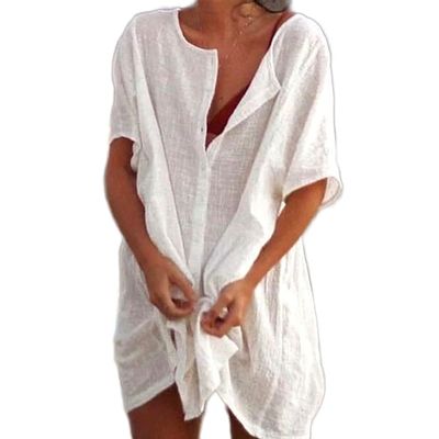 Akivide Women's Summer Cotton Linen Short Sleeve Button Up Shirt Casual Plus Size Beach Swimsuit Cover Up Mini Dress White