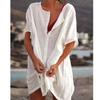 Akivide Women's Summer Cotton Linen Short Sleeve Button Up Shirt Casual Plus Size Beach Swimsuit Cover Up Mini Dress White view 2