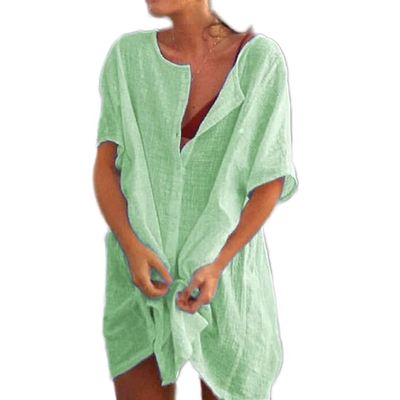 Akivide Women's Summer Cotton Linen Short Sleeve Button Up Shirt Casual Plus Size Beach Swimsuit Cover Up Mini Dress