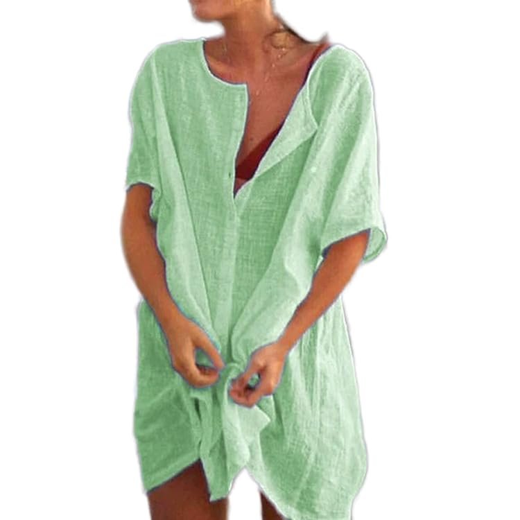 Akivide Women's Summer Cotton Linen Short Sleeve Button Up Shirt Casual Plus Size Beach Swimsuit Cover Up Mini Dress