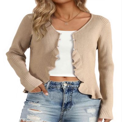 Allegra K Ruffle Cardigan for Women's V Neck Long Sleeve Open Front Sweater Knit Bolero Shrugs Large Khaki