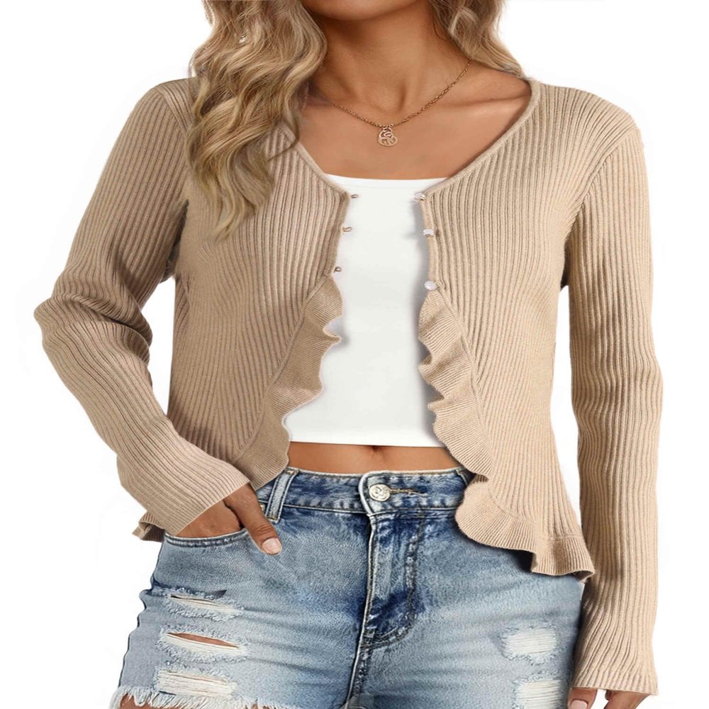 Allegra K Ruffle Cardigan for Women's V Neck Long Sleeve Open Front Sweater Knit Bolero Shrugs Large Khaki