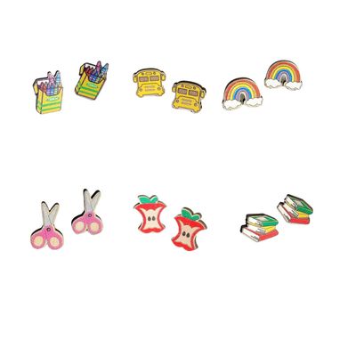 Pingyongchang 6 Pairs Cute Teacher Stud Wood Earrings Funny Handmade Colorful Book Pencil Crayon Ruler Wooden Student Earrings for Women Back to School Jewelry Teacher Graduation Gift-Set B