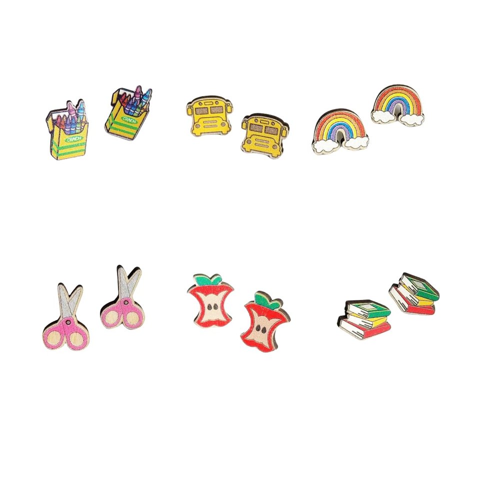 Pingyongchang 6 Pairs Cute Teacher Stud Wood Earrings Funny Handmade Colorful Book Pencil Crayon Ruler Wooden Student Earrings for Women Back to School Jewelry Teacher Graduation Gift-Set B