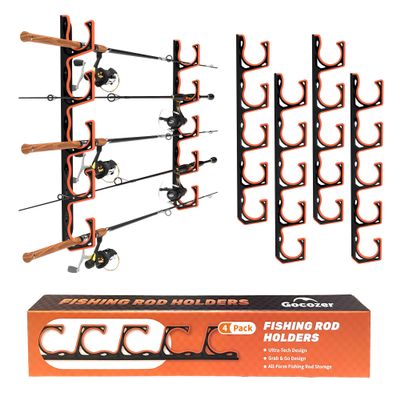 Gocozer Fishing Rod Holder for Garage, H5 Wall or Ceiling Mounted Fishing Pole Holders with Soft Protective Pad, Fishing Rod Storage Organizer, Horizontal Fishing Rod Wall Mount Nets Storage (4 PACK)