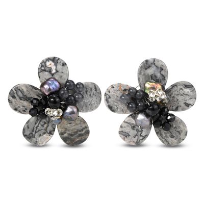 AeraVida Tropical Flower Clip On Earrings Multicolor Simulated Jade Mixed Stone Floral Statement Earrings Non Pierced Paddle Back Handmade Bold Beaded Jewelry 39mm (Grey Tone)