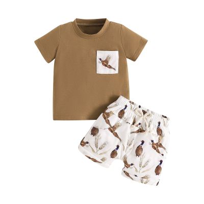 AMIMOJY Toddler Boys Summer Clothes Short Sleeve Cartoon T Shirt with Pocket Pullover Tops Cow Printed Shorts Baby Set 2Pcs, 12-18 Months