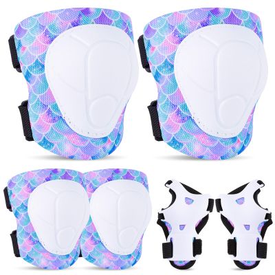 FIODAY Knee Pads for Kids Protective Gear Set Adjustable Kids Knee Pads and Elbow Pads with Wrist Guard for Girls Roller Skates Cycling Bike Skateboard Scooter Knee Pads, 3-8 Years,Blue Pink