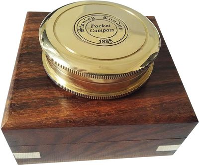 Antique Nautical world Brass Pocket Compass in Wood Box, 2.3 Inches, Gift Set, Golden