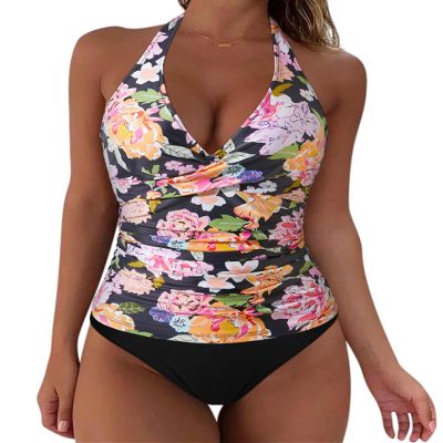 SUUKSESS Women Sexy Halter Tankini Bathing Suits Slimming Tummy Control High Waisted Swimsuits 2 Piece (Colorful Floral Black, XL)
