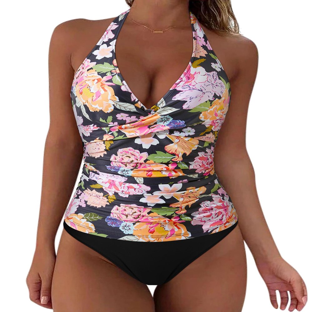 SUUKSESS Women Sexy Halter Tankini Bathing Suits Slimming Tummy Control High Waisted Swimsuits 2 Piece (Colorful Floral Black, XL)