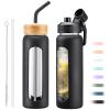 NOLOGLAZIC 24oz Glass Water Bottle with Straw and 2 Lids-Bamboo and Spout Lid, Borosilicate Glass Water Bottle with Silicone Sleeve and Time Marker,BPA Free & Cupholder Friendly,Black view 1
