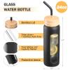 NOLOGLAZIC 24oz Glass Water Bottle with Straw and 2 Lids-Bamboo and Spout Lid, Borosilicate Glass Water Bottle with Silicone Sleeve and Time Marker,BPA Free & Cupholder Friendly,Black view 3