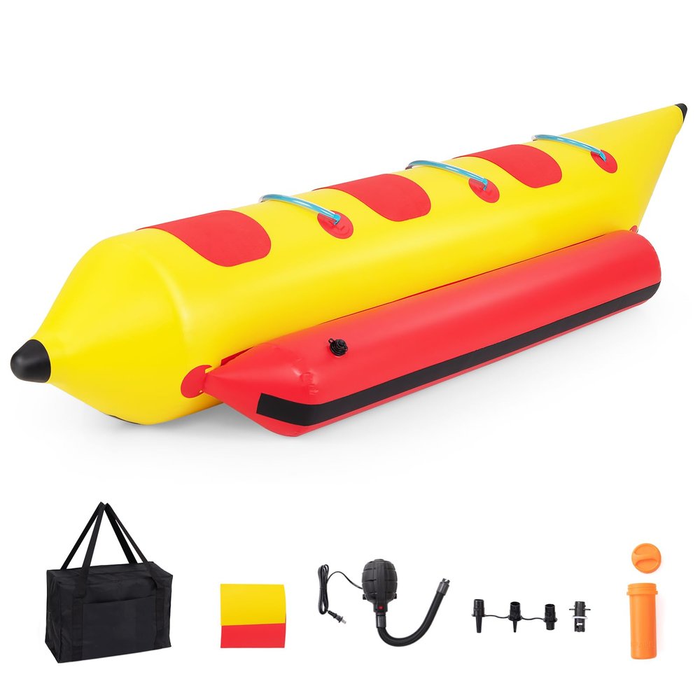 GYMAX Towable Tubes for Boating, 1-3 Riders Inflatable Banana Boat for Water Sport to Pull with Carry Bag, EVA Seat & Electric Pump, Hot Dog Towable Tube for Water Recreation Sports