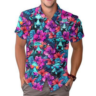 GEPOS Farm Animal Print Short Sleeve Hawaiian Shirt, Funny Pattern Casual Button Shirt, Summer Shirt, Birthday Gifts