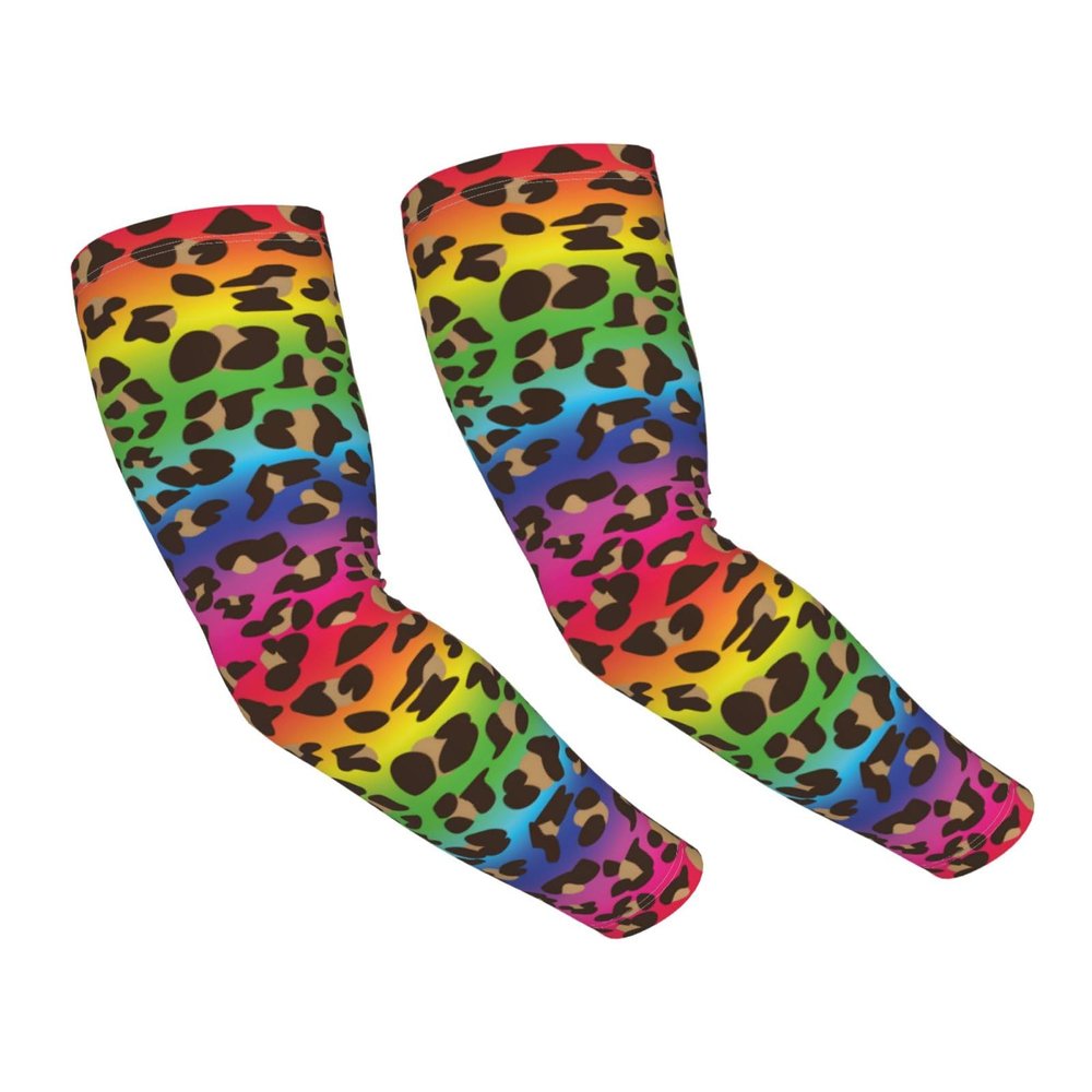 Rainbow Leopard Print Cooling Arm Sleeves Cover Summer Sun Protection Arm Sleeves For Men Women Outdoor Sports Ice Silk Arm Sleeves For Baseball Cycling Golf Running