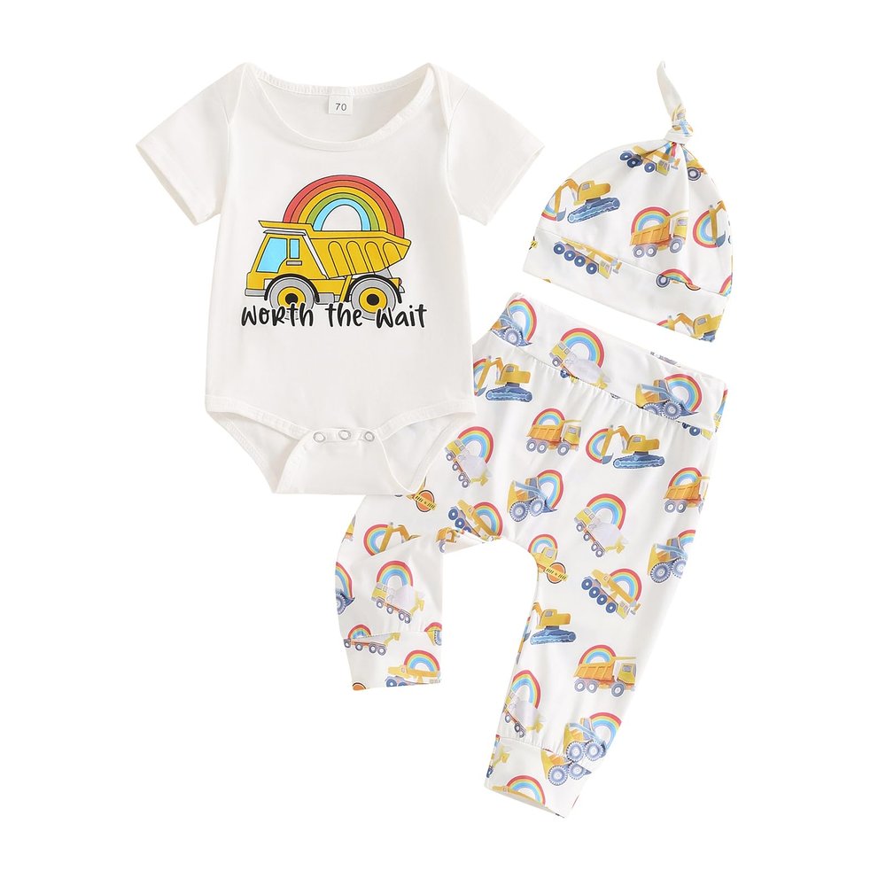 JLKGICF Newborn Baby Boy Summer Clothes Infant Tractor Funny Letter Print Romper Top Pants Hat Set Coming Home Farm Outfit (White Yellow, 0-3 Months)