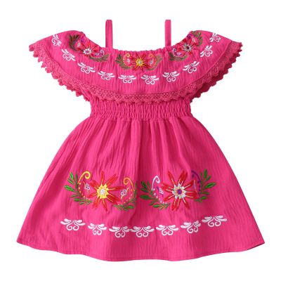 1IMEKIS Mexican Dress Girls: Baby Fiesta Outfit Traditional Toddler Fiesta Dress Party Kids Ethnic Wear Summer Flower Embroidery Cinco De Mayo Birthday Cake Smash Photoshoot Hot Pink 2-3T