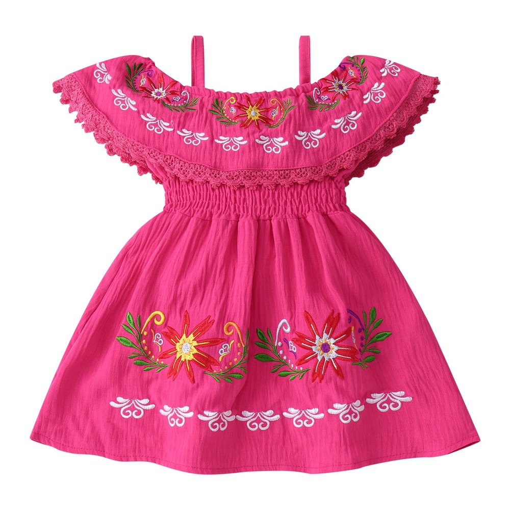 1IMEKIS Mexican Dress Girls: Baby Fiesta Outfit Traditional Toddler Fiesta Dress Party Kids Ethnic Wear Summer Flower Embroidery Cinco De Mayo Birthday Cake Smash Photoshoot Hot Pink 2-3T